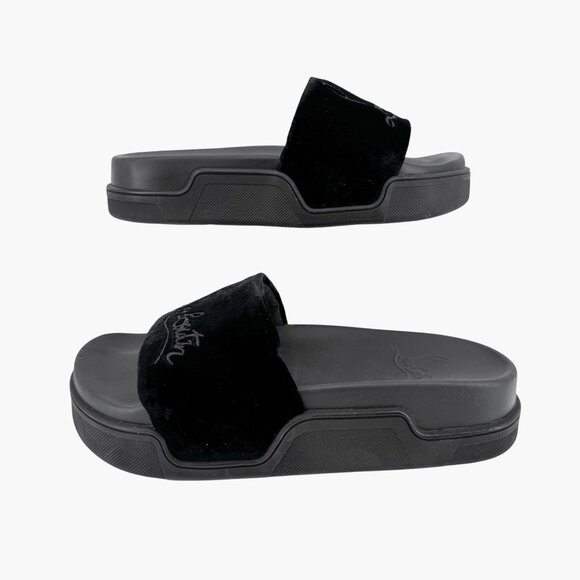 Christian Louboutin 'Navy Pool' Slide Sandals Size 37 US 7 Black Velvet Logo 25 - Picture 8 of 12